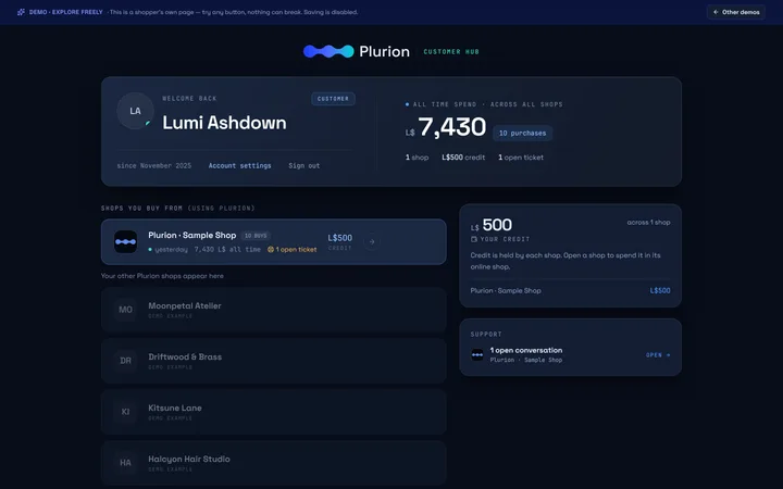 A buyer's hub: every Plurion shop they bought from, in one place