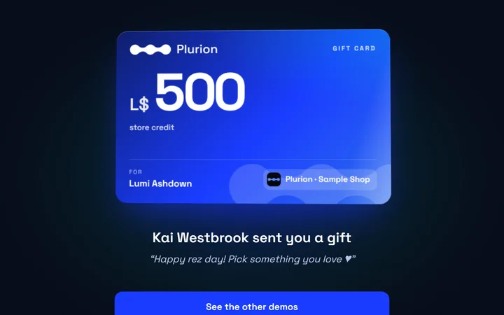 A Plurion gift card: 500 L$ of store credit, with the sender's message