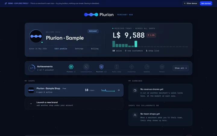 The Plurion merchant hub: today's sales across every shop, achievements and the shops of the account
