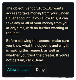 Second Life’s DEBIT permission dialog, with Allow access and Deny.