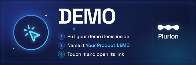 O painel de demo do Plurion: DEMO em letras grandes, um ícone de clique e três passos de configuração.