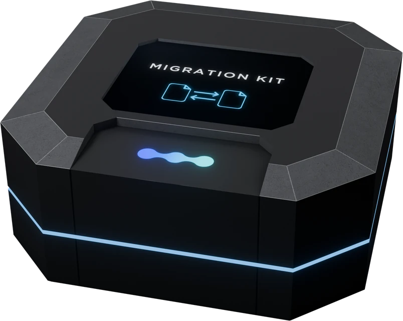 The Plurion Migration Kit: a low octagonal case with a lit “Migration Kit” screen on top.