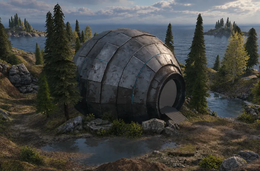 A weathered metal sphere half-buried among pines on a small island, its door open