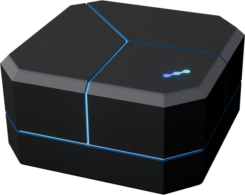 The Plurion Starter Pack: a dark octagonal box lined with blue light, the Plurion logo on its lid.