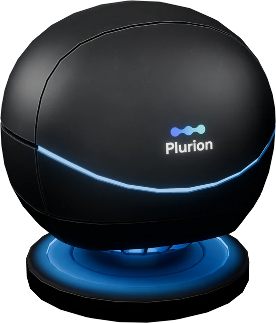 The Plurion Visitor Sphere: a black sphere on a lit ring base.