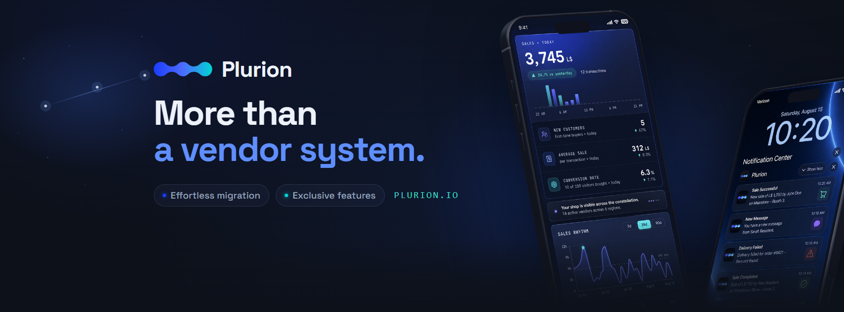Plurion banner — the phone mockup over the night sky