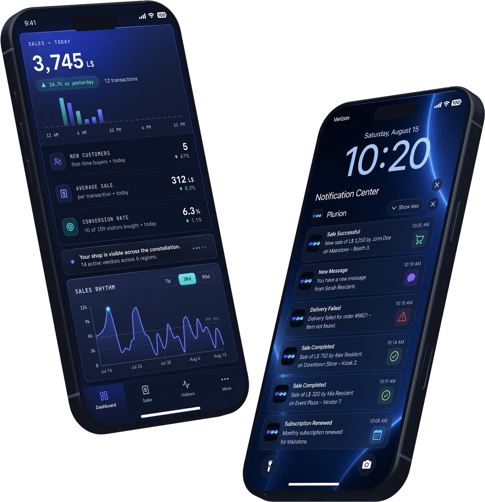 Plurion on two phones — dashboard and notifications